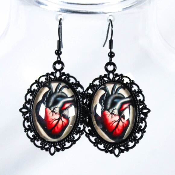 Gothic Anatomical Heart Cameo Earrings Victorian Romantic Jewelry - Picture 2 of 5